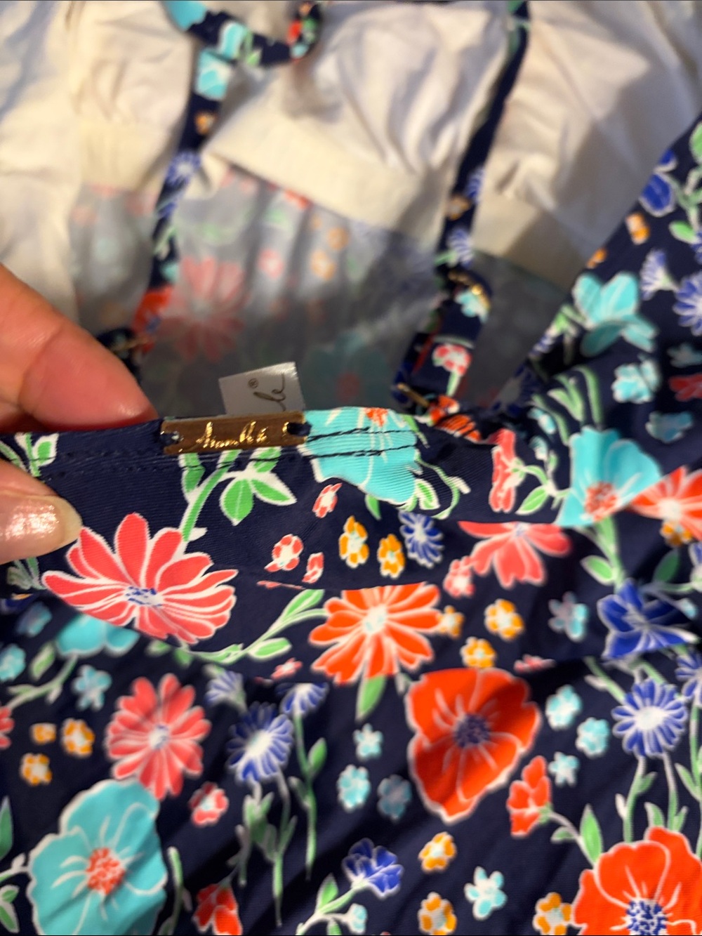 Anne Cole Navy Floral Halter Swim tankini with Coral & Aqua Flowers - Picture 3 of 5